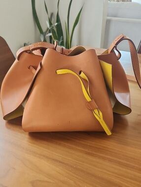 Tan Leather Shoulder Bucket Bag with Yellow Drawstring